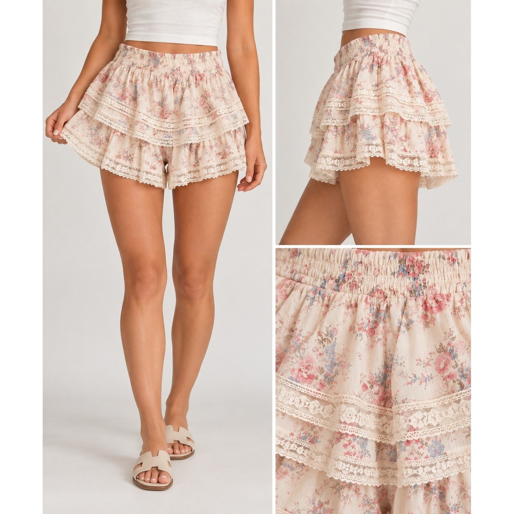 Altar'd State Rumie Floral Ruffle Shorts Lace Trim Cottagecore Cream Pink Blue M